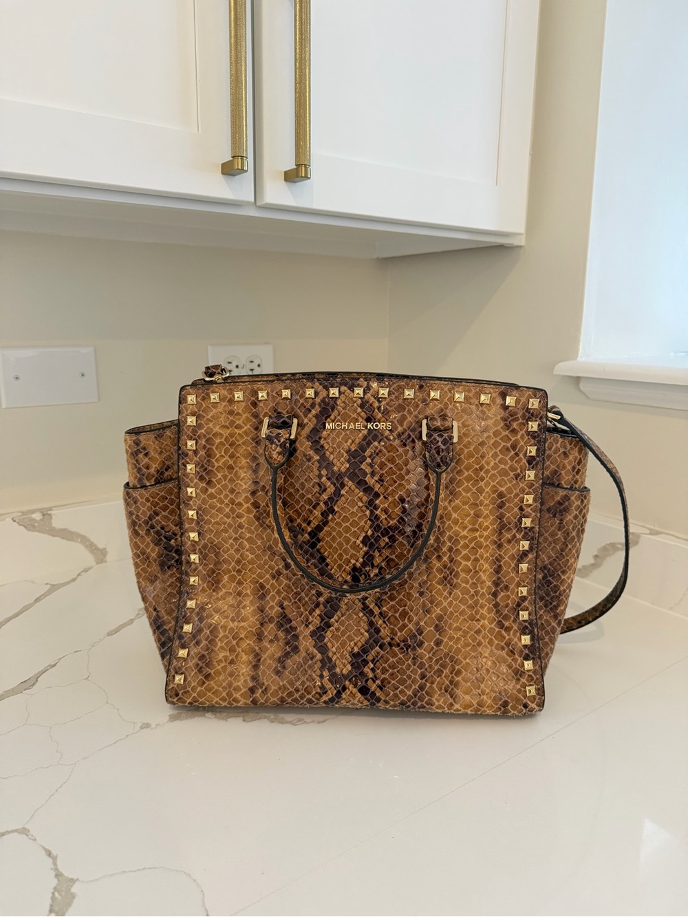 Michael Kors Brown Snake-Embossed Studded Satchel Crossbody Handbag